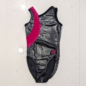 PIXELATED GK Elite Small Gymnastics Dance leotard GUNMETAL Silver Magenta defect